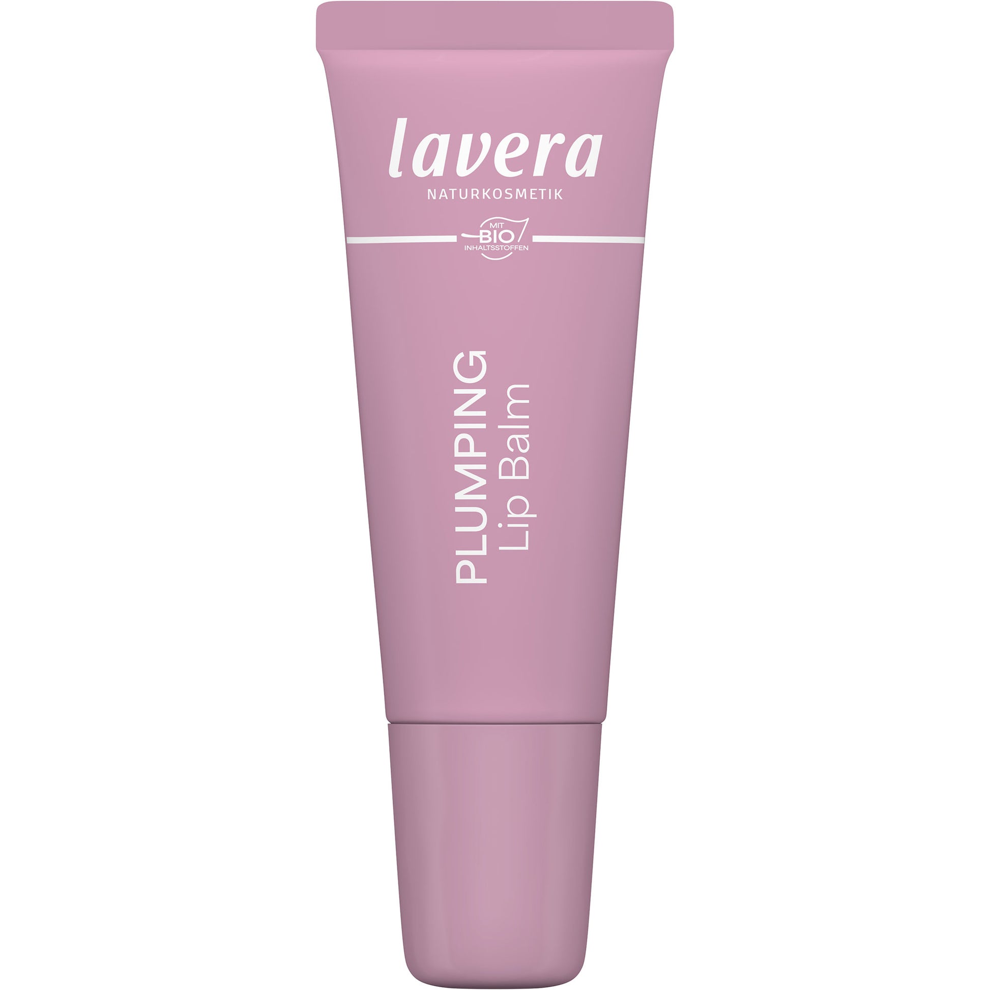 Lavera Plumping Lip Balm in a pink tube on a white background
