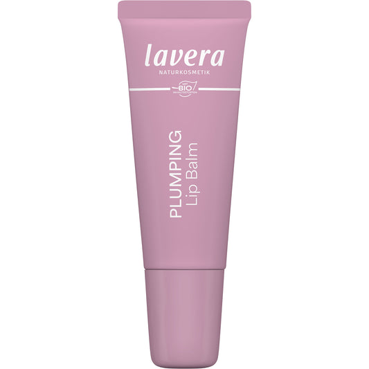 Lavera Plumping Lip Balm in a pink tube on a white background
