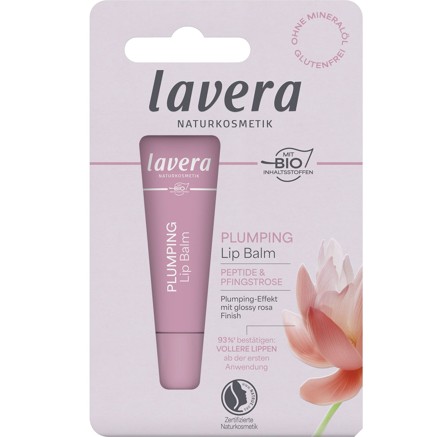 Lavera Plumping Lip Balm in a pink blister pack on a white background
