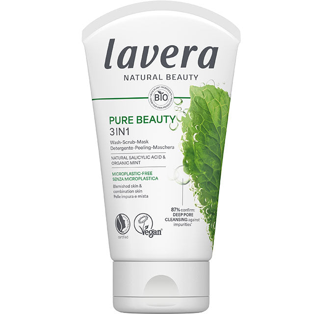 Lavera Pure Beauty 3 in 1 Wash, Scrub and Mask is in a white tube with a green leaf design on a white background.