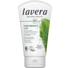 Lavera Pure Beauty 3 in 1 Wash, Scrub and Mask is in a white tube with a green leaf design on a white background.
