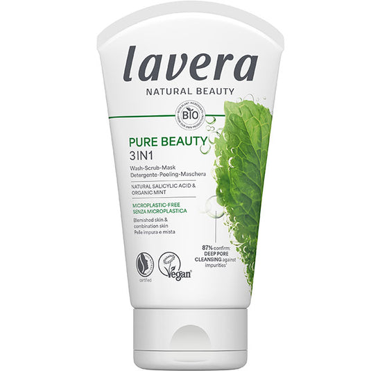 Lavera Pure Beauty 3 in 1 Wash, Scrub and Mask is in a white tube with a green leaf design on a white background.