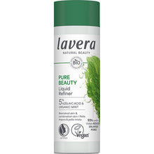 Lavera Pure Beauty Liquid Refiner is in a  white bottle with a leaf design on a white background