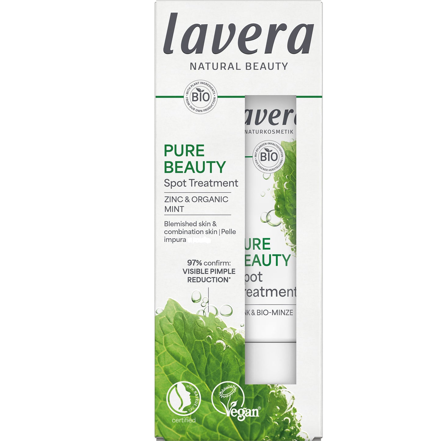 Lavera Pure Beauty Spot Treatment is in a box with a picture of mint on a white background