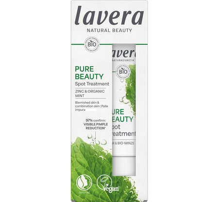 Lavera Pure Beauty Spot Treatment is in a box with a picture of mint on a white background