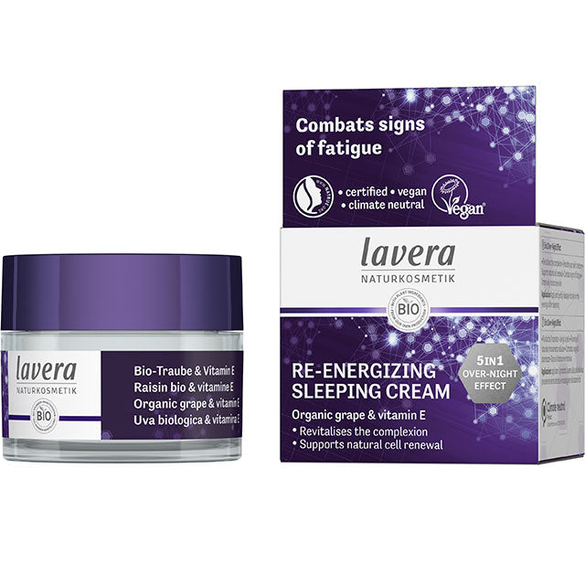 lavera Re-Energizing Sleeping Cream with organic grape and vitamin E to revitalise skin. Jar in a biodegradable box 