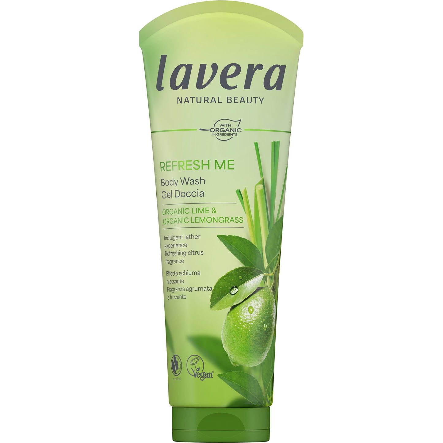Lavera Refresh Me Body Wash is in a squeeze tube featuring a yellow-green design with illustrations of a lime and lemongrass on a white background.