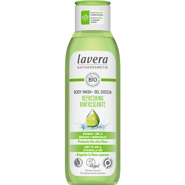 lavera Organic Refreshing Body Wash with Organic Lime and Organic Lermongrass in a bottle made from 100% recycled materials 