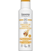 lavera Repair and Deep Care Shampoo for dry nand damaged hair is in a 100% recycled plastic bottle with a flip top cap.
