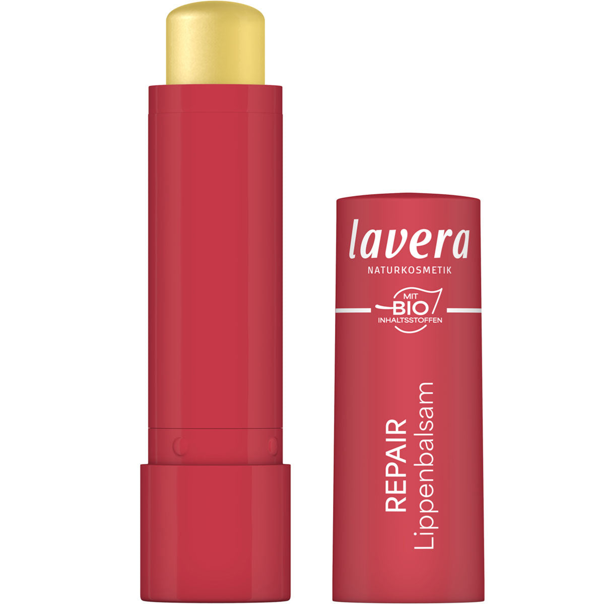 Lavera Repair Lip Balm in an open red casing on a white background