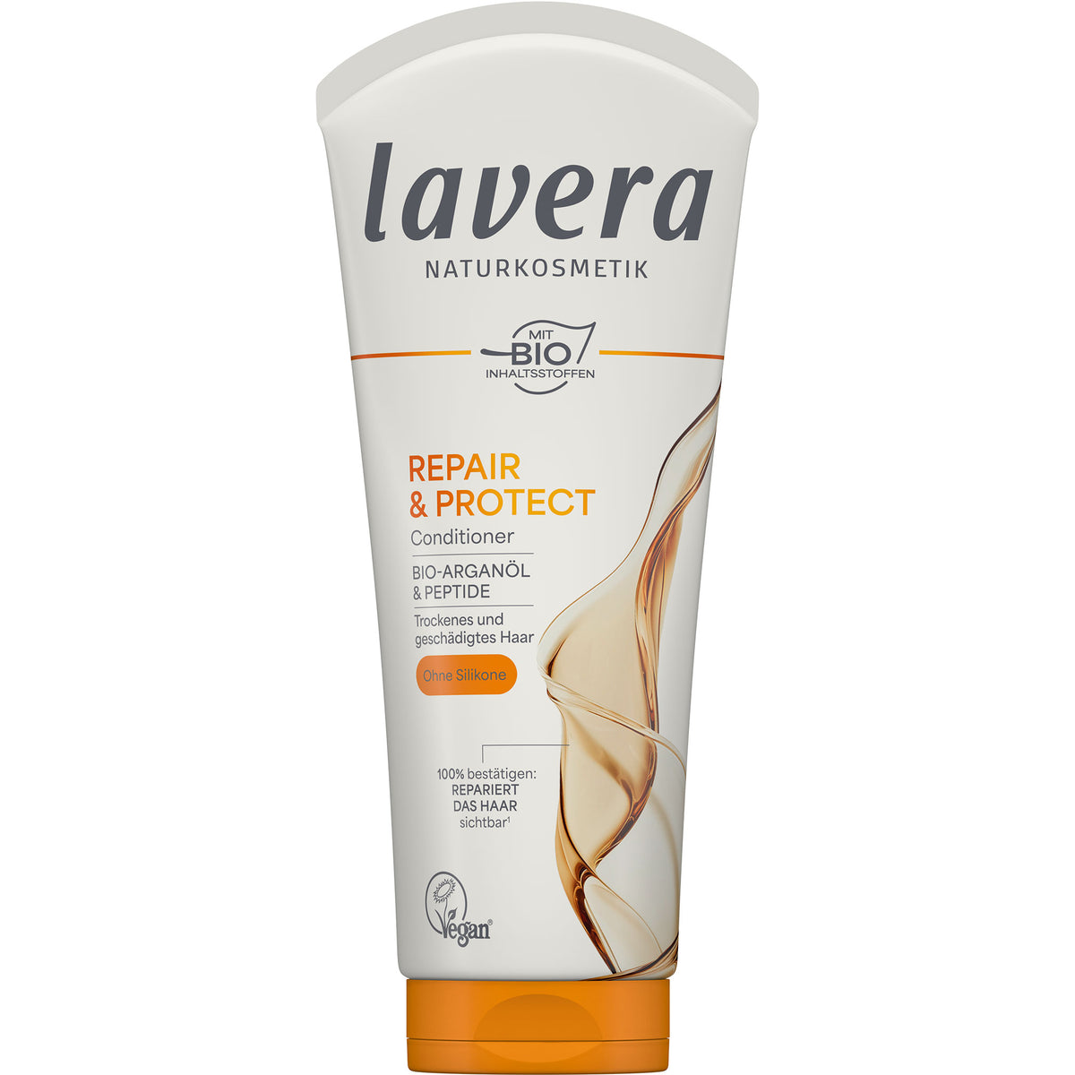 Lavera Repair & Protect Conditioner is in a white tube with an orange flip cap, featuring orange and black text and a beige hair wave graphic on a white background.