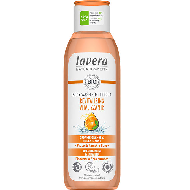 Lavera Revitalising Body Wash with Organic Orange and Organic Mint in a plastic bottle made of 100% recycled materials 