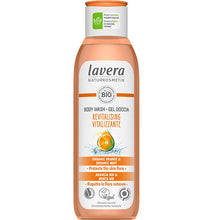 Lavera Revitalising Body Wash with Organic Orange and Organic Mint in a plastic bottle made of 100% recycled materials 