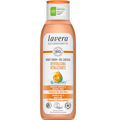 Lavera Revitalising Body Wash with Organic Orange and Organic Mint in a plastic bottle made of 100% recycled materials 
