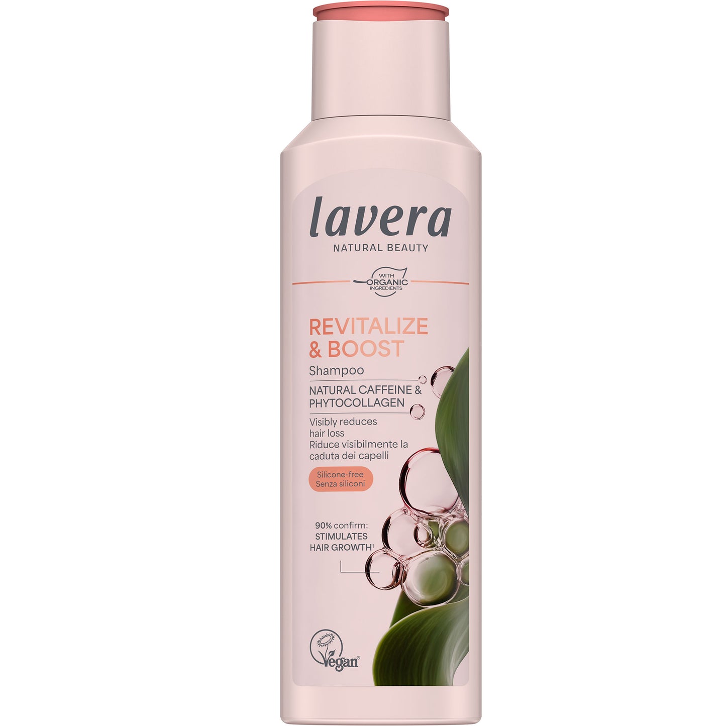 Lavera Revitalize and Boost Shampoo for Thinning, Weak Hair is in a peach coloured squeezy plastic bottle with a dark peach flip top lid on a white background