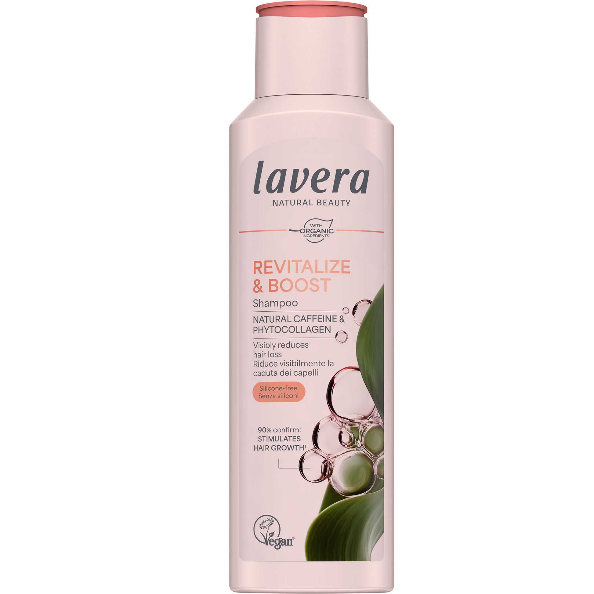 Lavera Revitalize and Boost Shampoo for Thinning, Weak Hair is in a peach coloured squeezy plastic bottle with a dark peach flip top lid on a white background