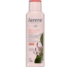 Lavera Revitalize and Boost Shampoo for Thinning, Weak Hair is in a peach coloured squeezy plastic bottle with a dark peach flip top lid on a white background
