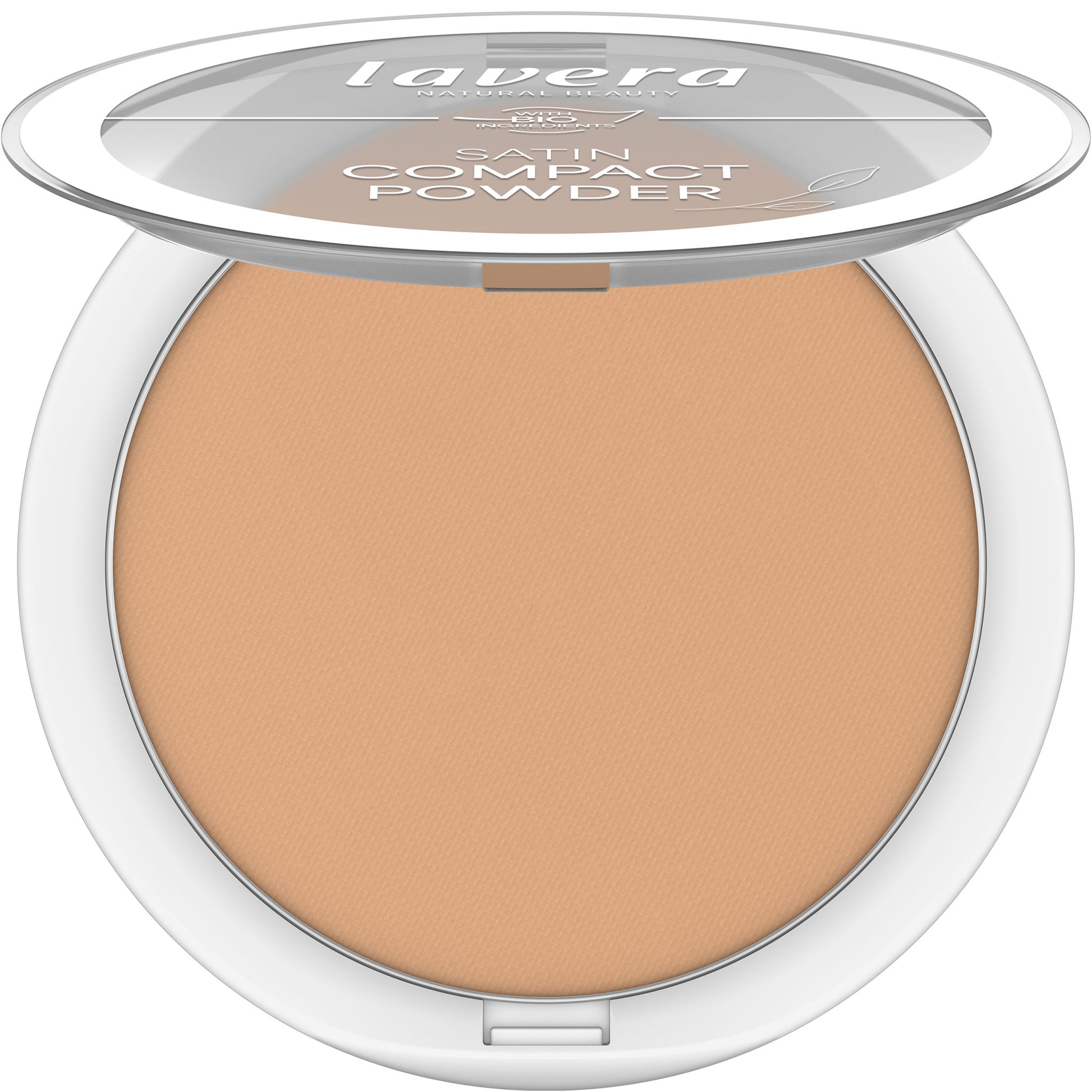 Lvera Satin Compact Powder Medium Sand 04 in an open compact case on a white background