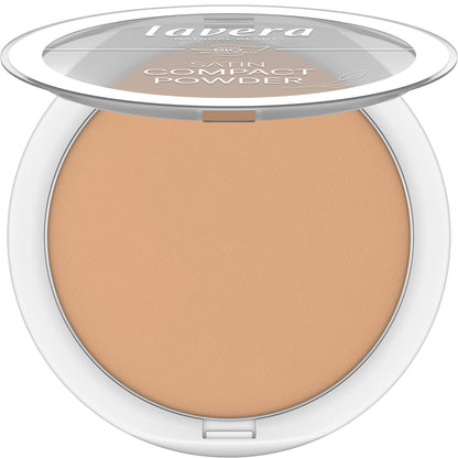 Lvera Satin Compact Powder Medium Sand 04 in an open compact case on a white background