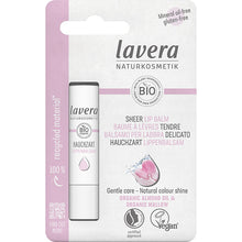 lavera Organic Sheer Lip Balm with a hint of pink. Contains organic almond oil and organic mallow in a blister pack.