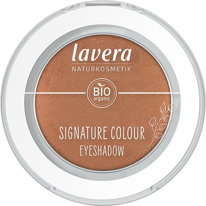 Lavera Signature Colour Eyeshadow Burnt Apricot 04 is in a round pressed powder compact 