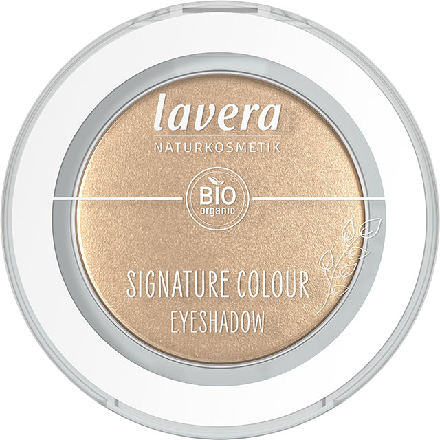 Lavera Signature Colour Eyeshadow in light gold is in a white pressed powder compact with a clear lid on a white background