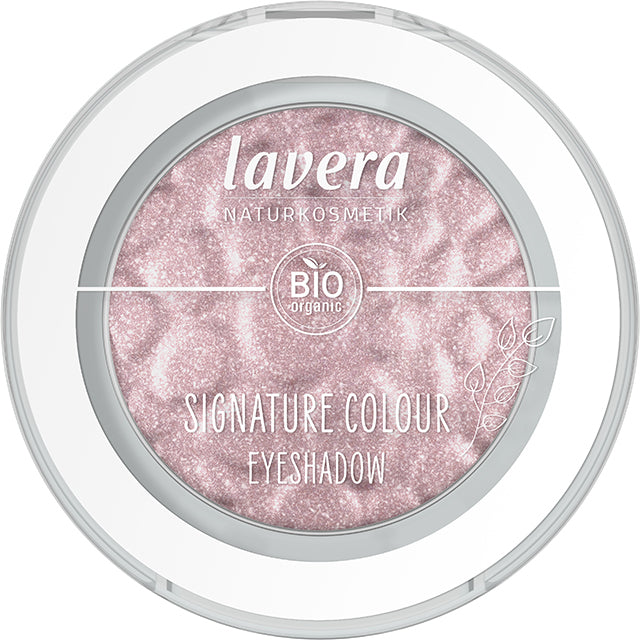 Lavera Signature Colour Eyeshadow Diamond Dust 09 is a light soft pink shade in a round pressed powder compact on a white background