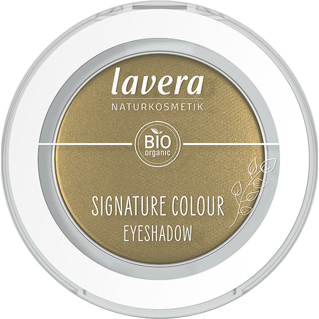 Lavera Signature Colour Eyeshadow Dazzing Gold is in a white pressed powder compact with a clear lid on a white background 