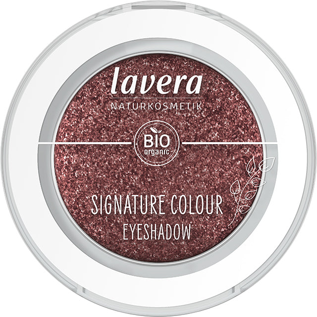 lavera Signature Colour Eyeshadow Pink Moon 09 is in a round compressed powder compact