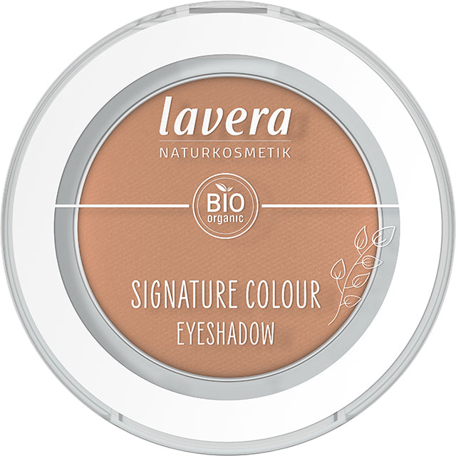 Lavera Signature Colour Eyeshadow Soft Sienna is in a white pressed powder compact with a clear lid on a white background 