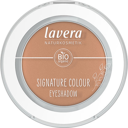 Lavera Signature Colour Eyeshadow Soft Sienna is in a white pressed powder compact with a clear lid on a white background 