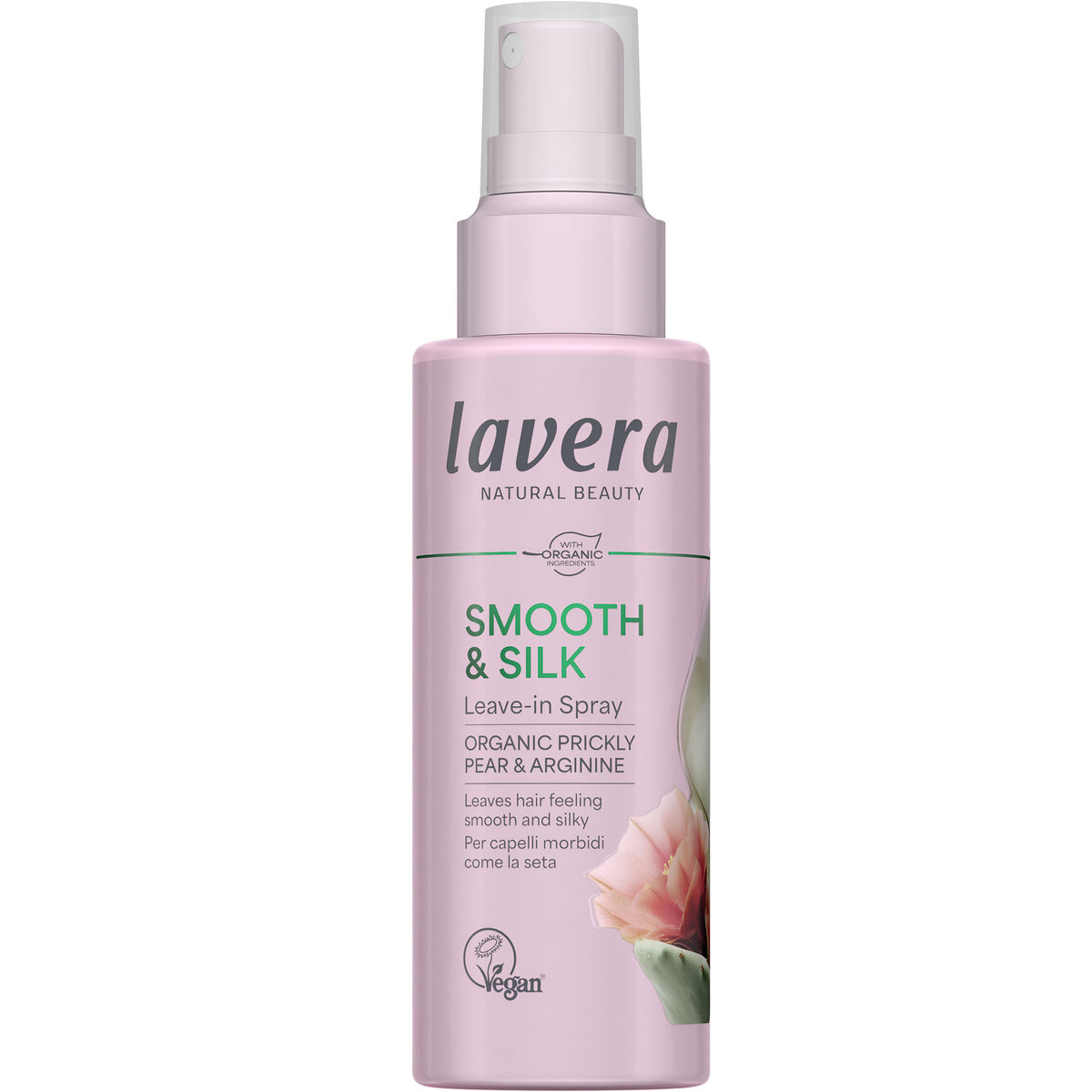 Lavera Smooth & Sllk Leave in spray is in a pink see through bottle with a spray cap on a white background. 