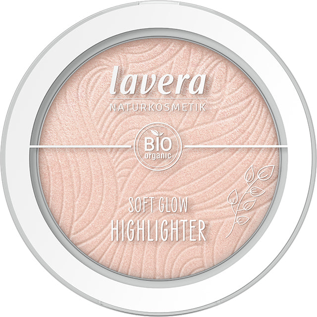 Lavera Soft Glow Highlighter Aurora Glow 02 is in a white pressed powder compact with a clear lid, on a white background