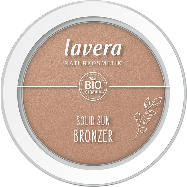 Lavera Solid Sun Bronzer Soleil Kiss 01 is in a white compact with a see -through lid on a white background