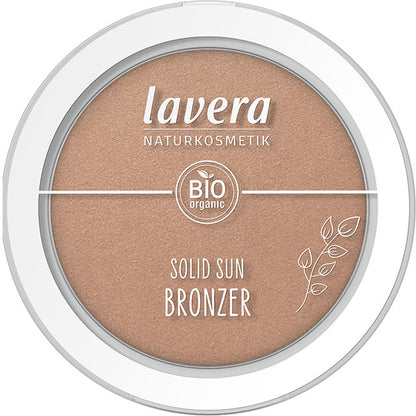 Lavera Solid Sun Bronzer Soleil Kiss 01 is in a white compact with a see -through lid on a white background