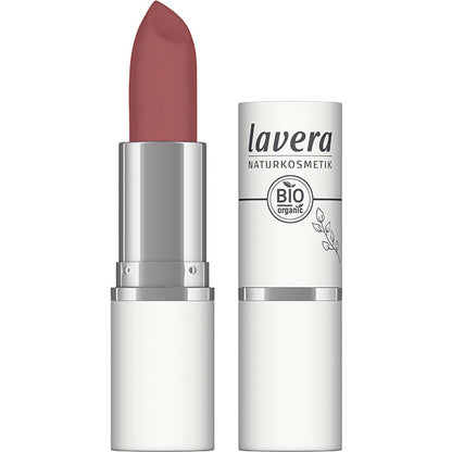 Lavera Velvet Matt Lipstick Berry Nude 01 is showing the dusky pink berry pink shade with choicolate undertones in a lipstick case with lid 
