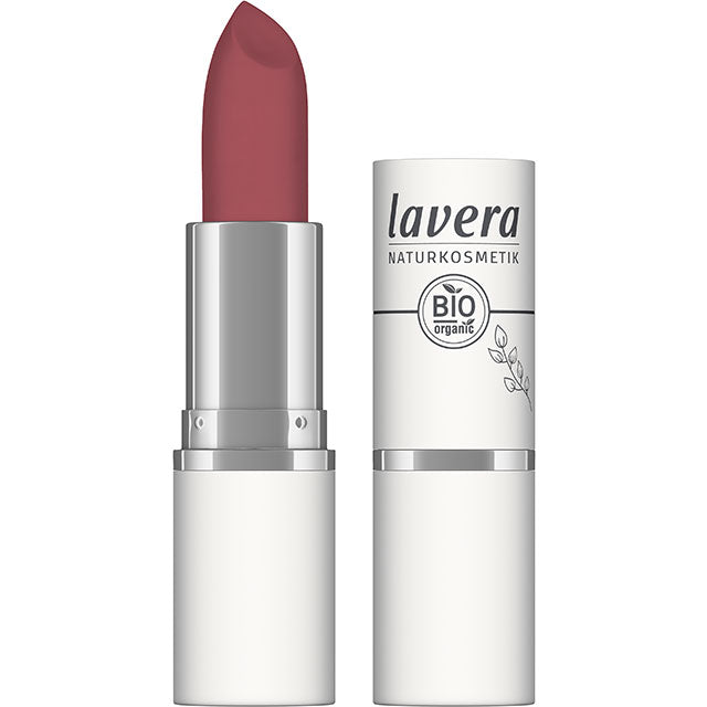 Lavera Velvet Matt Lipstick Pink Coral  05 shows a bright coral shade with vibrant pink tones in a lipstick case ith a lid