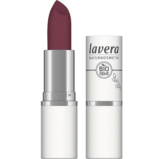 Lavera Velvet Matt Lipstick Royal Cassis 06 shows the lipstick colour which isa deep blackcurrant shade with hints of mauve in a lipstick c ase with a lid
