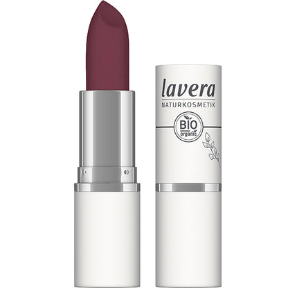 Lavera Velvet Matt Lipstick Royal Cassis 06 shows the lipstick colour which isa deep blackcurrant shade with hints of mauve in a lipstick c ase with a lid