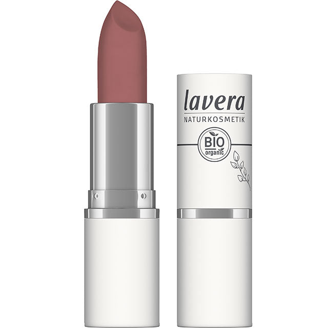 Lavera Velvet Matt Lipstick Tea Rose 03 showing the lipstick colour which is a pretty rose pink shade with a touch of a dusky pink colour in a lipstick case with a lid