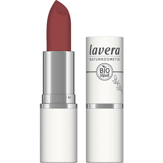 Lavera Velvet Matt Lipstick Vivid Red shows the lipstick colour which is a bright red with slight dusky tones in  al lipstick case with a lid