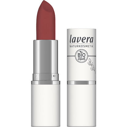 Lavera Velvet Matt Lipstick Vivid Red shows the lipstick colour which is a bright red with slight dusky tones in  al lipstick case with a lid