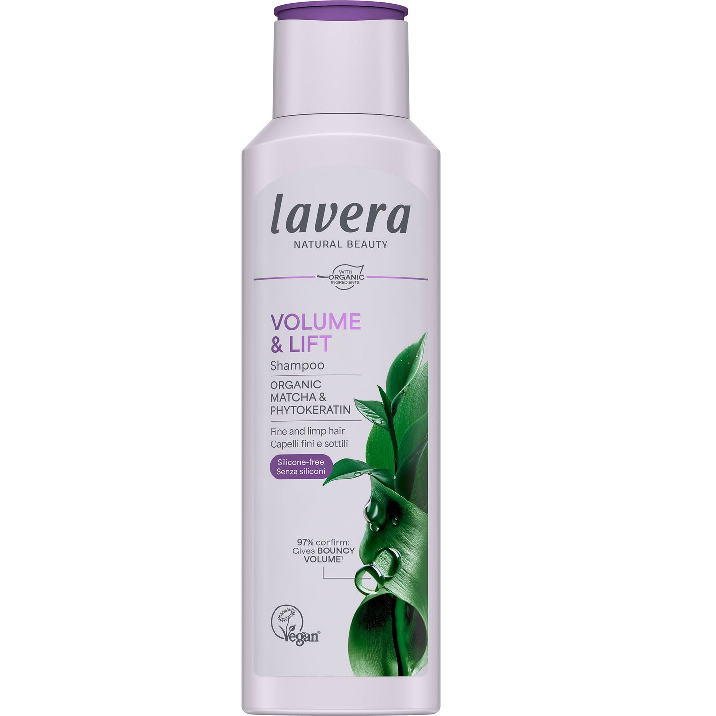 Lavera Volume and Lift Shampoo for Fine, Limp Hair is in a squeezyn bottle withn a purple flip top lid with a leaf design on a white background