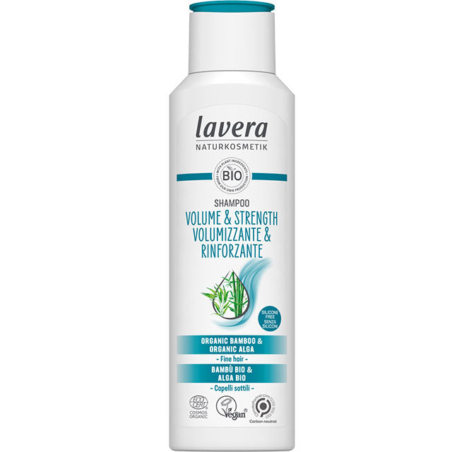 lavera Volume and Strength Shampoo for fine hair with organic bamboo and organic alga in a recycled plastic bottle withj flip top lid. 