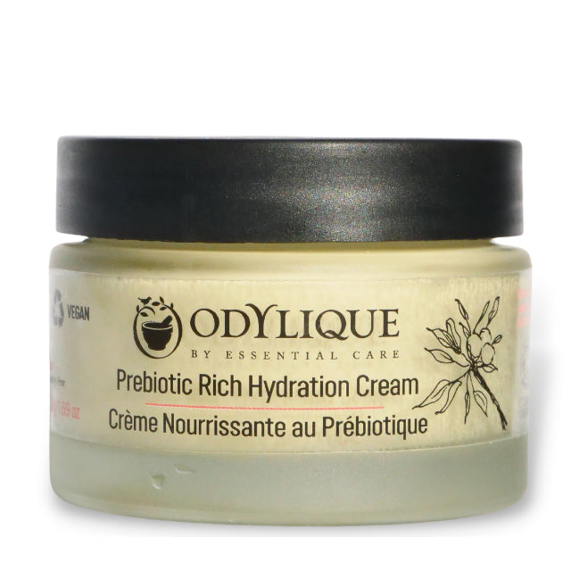 Odylique Prebiotic Rch Hydration Cream is in a glass jar with recycled and recyclable plastic lid on a white background