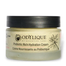 Odylique Prebiotic Rch Hydration Cream is in a glass jar with recycled and recyclable plastic lid on a white background