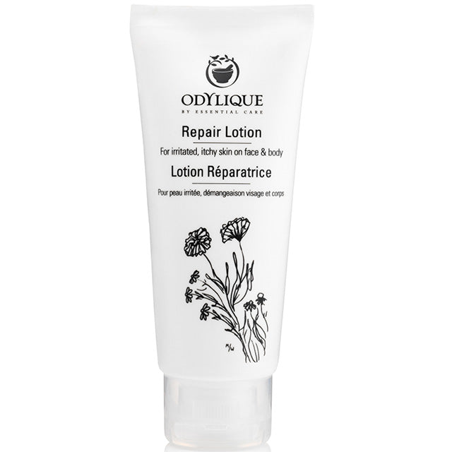 Odylique Repair Lotion for Irritated, itchy skin on face and body. Contains Organic Aloe Vera and Organic Shea Butter in a tube. 