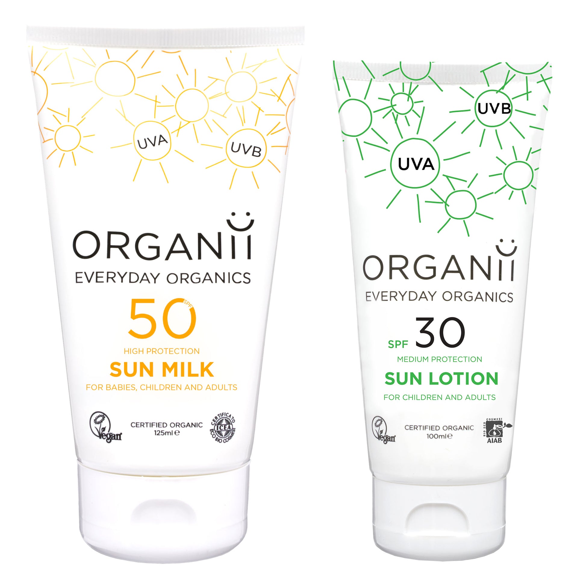 Organii Daily Sun Care Essentials show a tube of SPF50 Sun Milk and a tube of SPF30 Sun Lotion on a white background