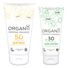 Organii Daily Sun Care Essentials show a tube of SPF50 Sun Milk and a tube of SPF30 Sun Lotion on a white background