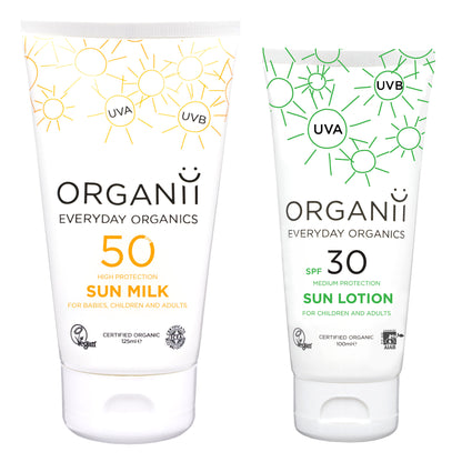 Organii Daily Sun Care Essentials show a tube of SPF50 Sun Milk and a tube of SPF30 Sun Lotion on a white background